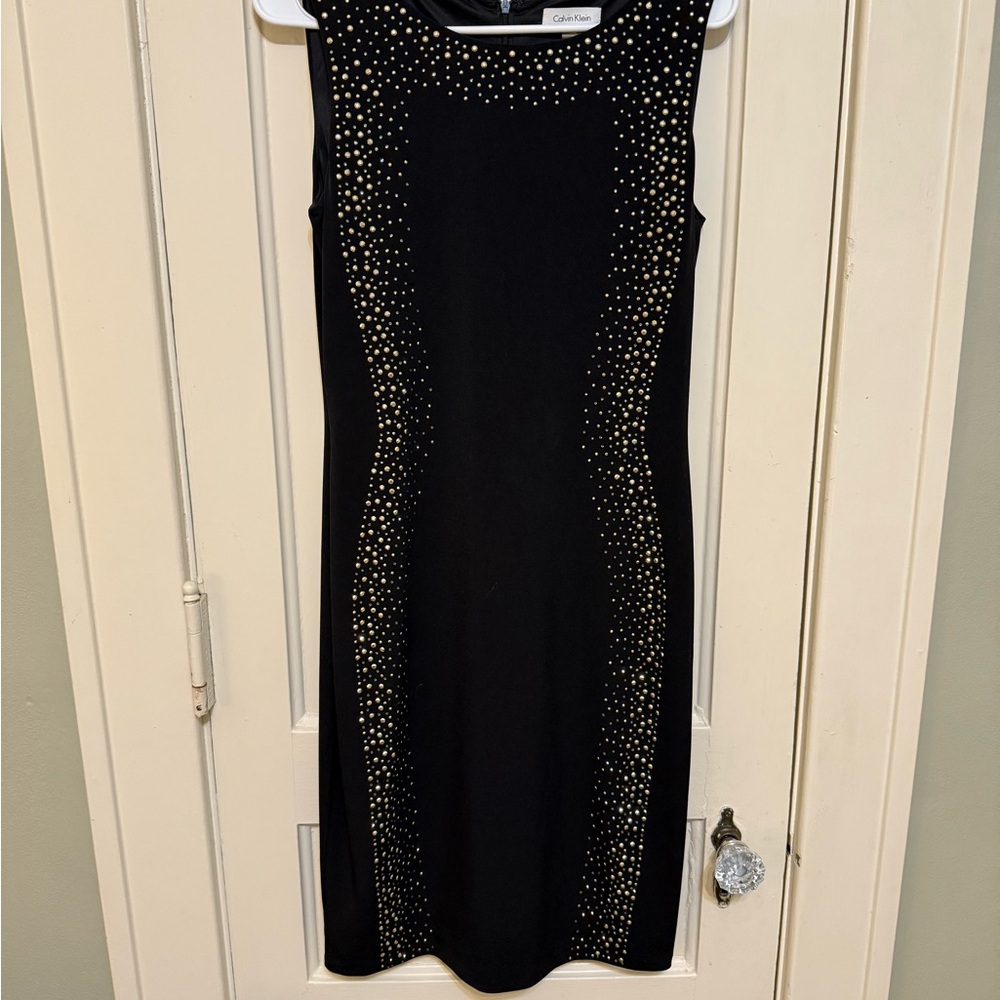 Calvin Klein Black Dress with Gold Accents (Studs/Beads) Size 8